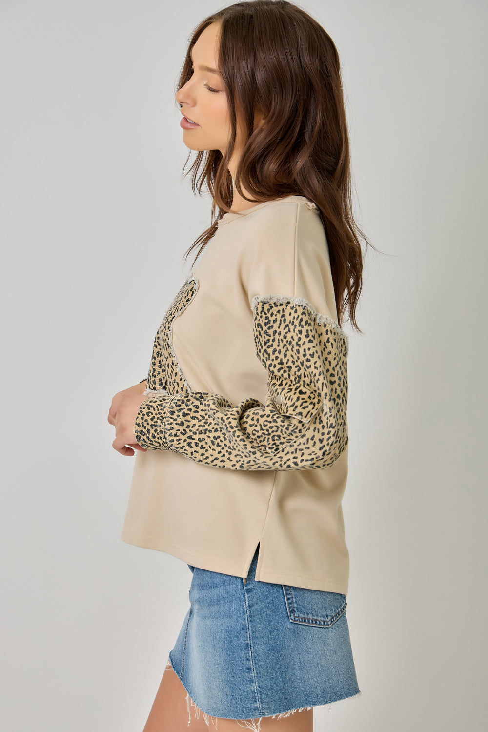 Leopard Print Denim Mixed Sweatshirt with Pockets