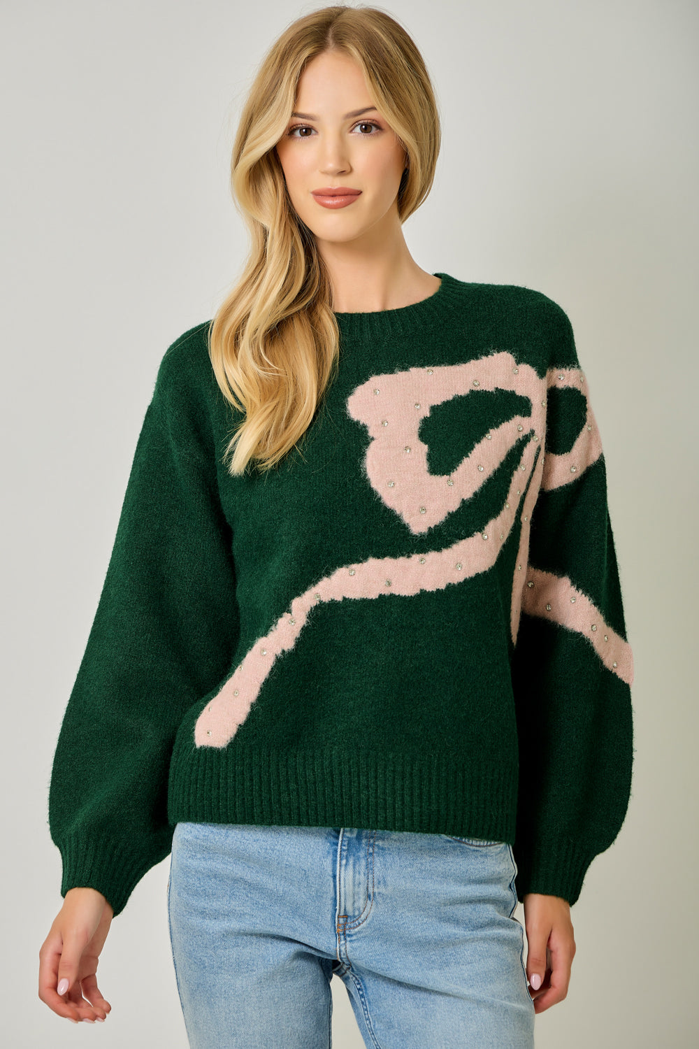 Women’s Rhinestone Ribbon Sweater with Bubble Sleeves