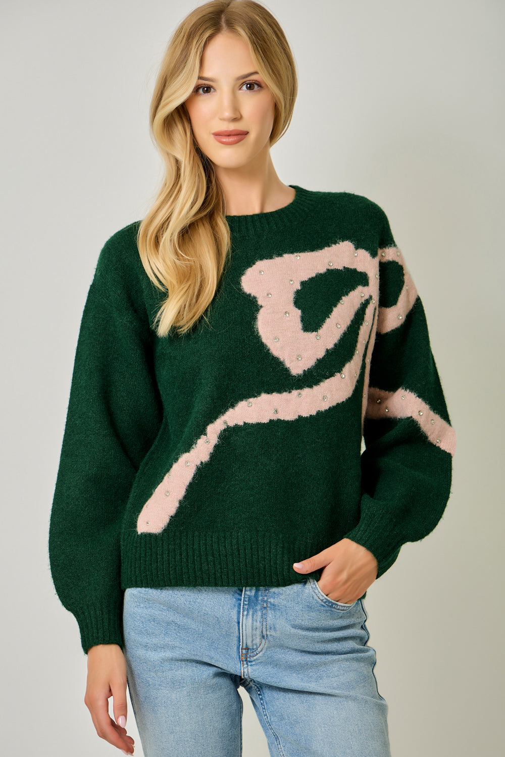 Women’s Rhinestone Ribbon Sweater with Bubble Sleeves