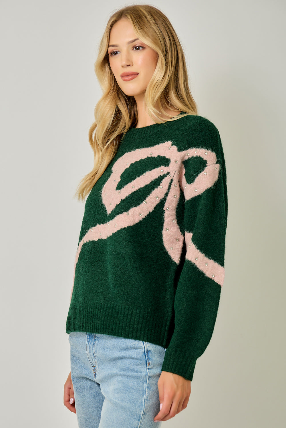 Women’s Rhinestone Ribbon Sweater with Bubble Sleeves