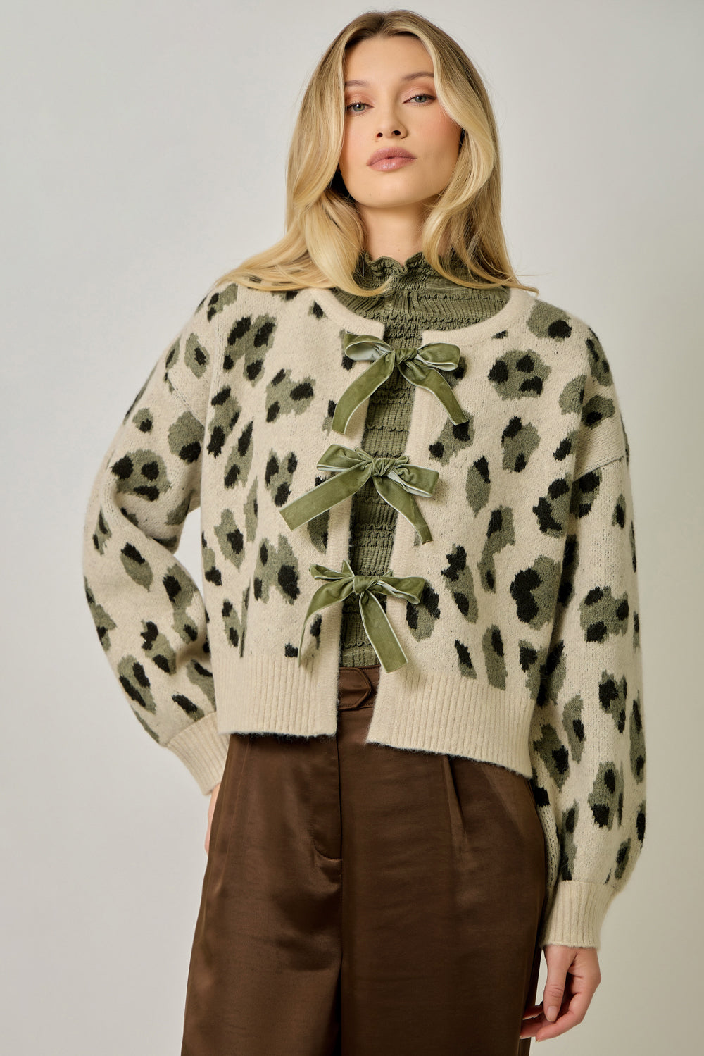 Women’s Leopard Print Tie-Front Cardigan with Bow Details