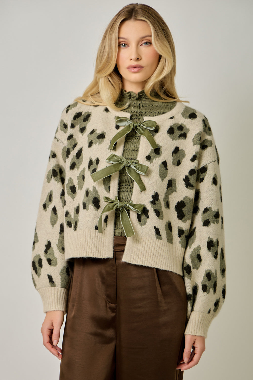 Women’s Leopard Print Tie-Front Cardigan with Bow Details