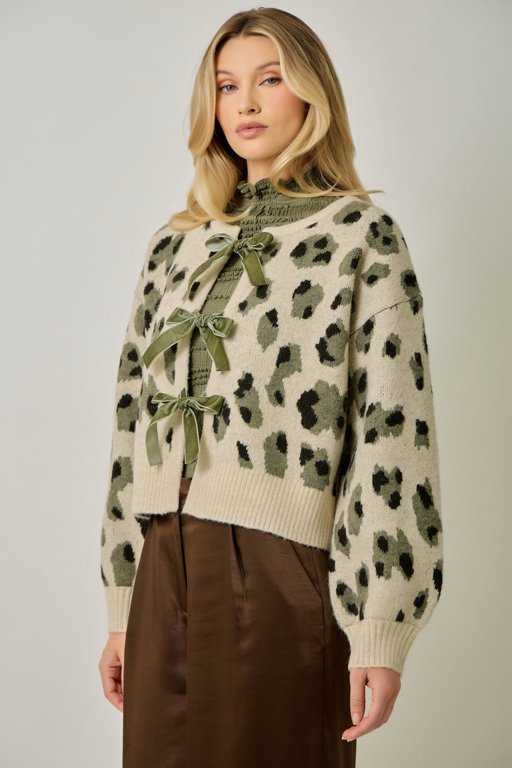 Women’s Leopard Print Tie-Front Cardigan with Bow Details