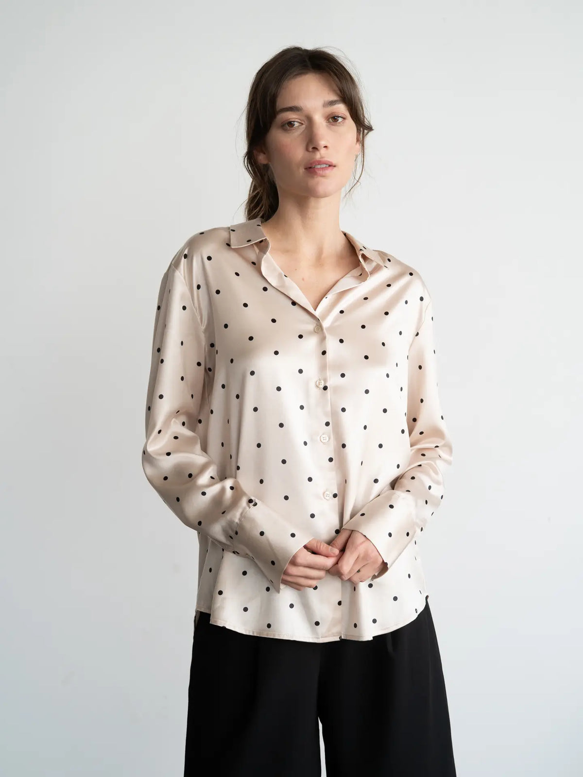 Women's Satin Polka Dot Blouse | Beige & Black Button-Down Long Sleeve Shirt