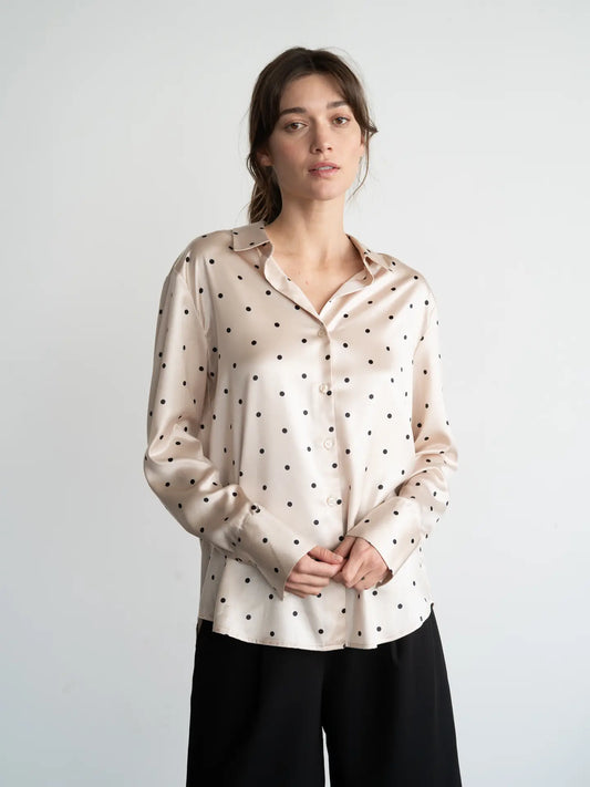 Women's Satin Polka Dot Blouse | Beige & Black Button-Down Long Sleeve Shirt