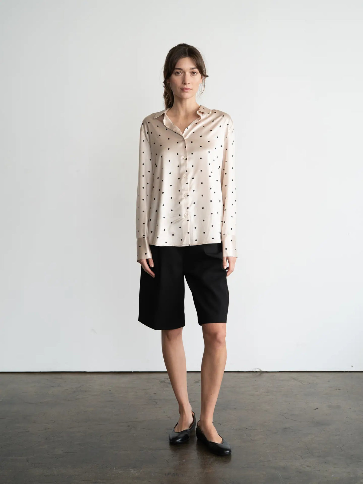Women's Satin Polka Dot Blouse | Beige & Black Button-Down Long Sleeve Shirt