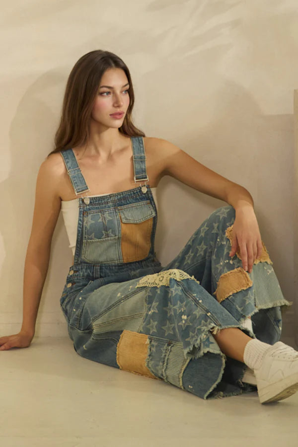 Mineral Washed Multi Patch Denim Overalls – Relaxed Fit Vintage Inspired