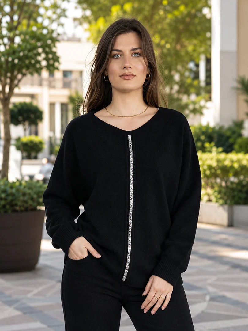Black Relaxed Fit Sweater with Silver Sparkle Stripe