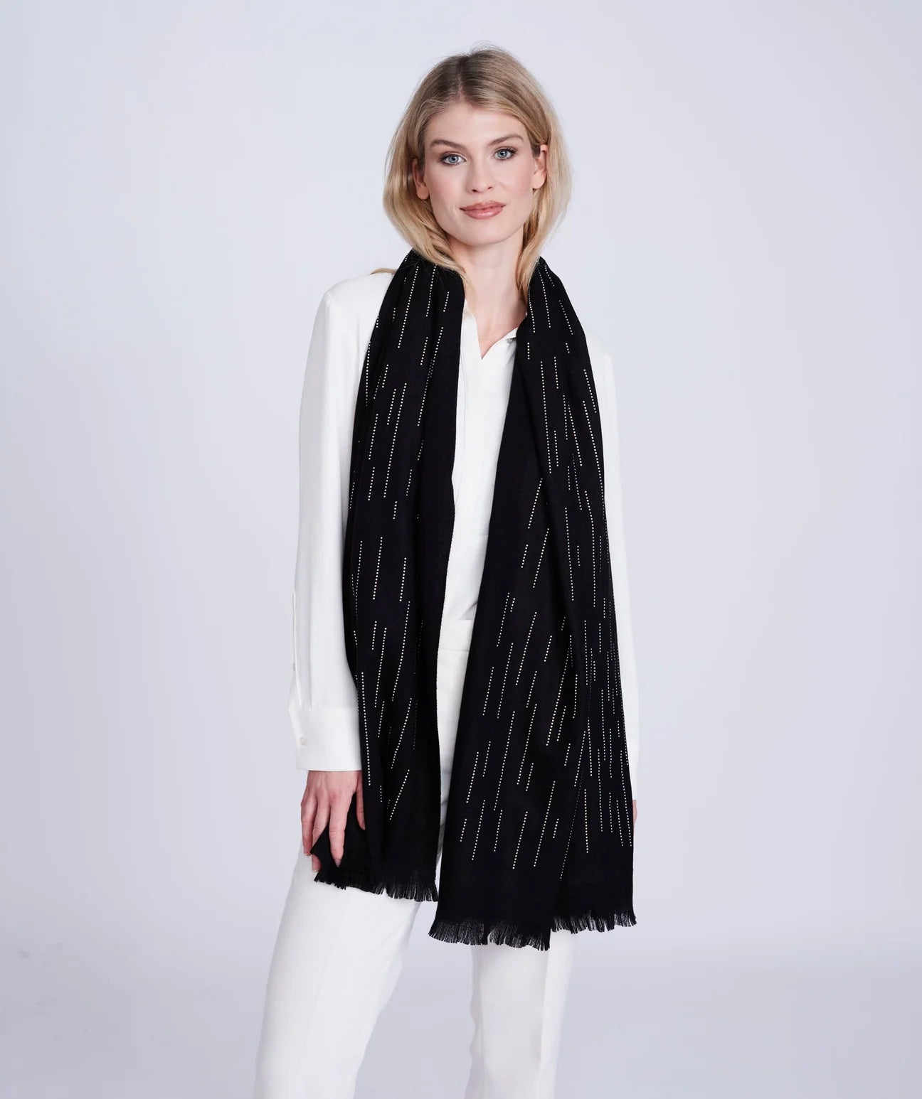 Black Cashmere Feel Scarf With Diamante Embellishment and Frayed Hem