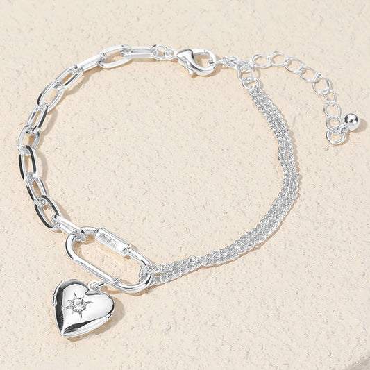 Stone Paved Heart Locket Carabiner Charm Half Paper Clip Chain Bracelet