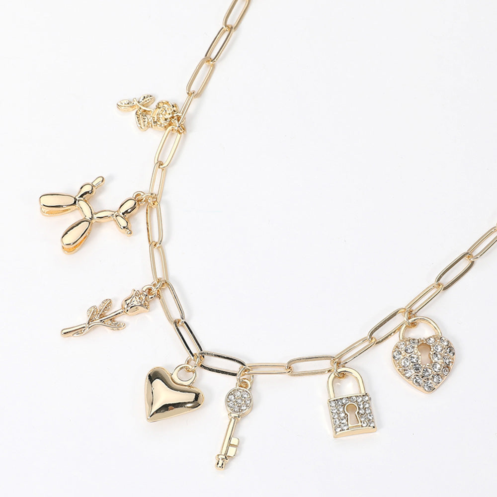 Stone Paved Key Lock Rose Balloon Dog Heart Charm Station Paperclip Chain Necklace