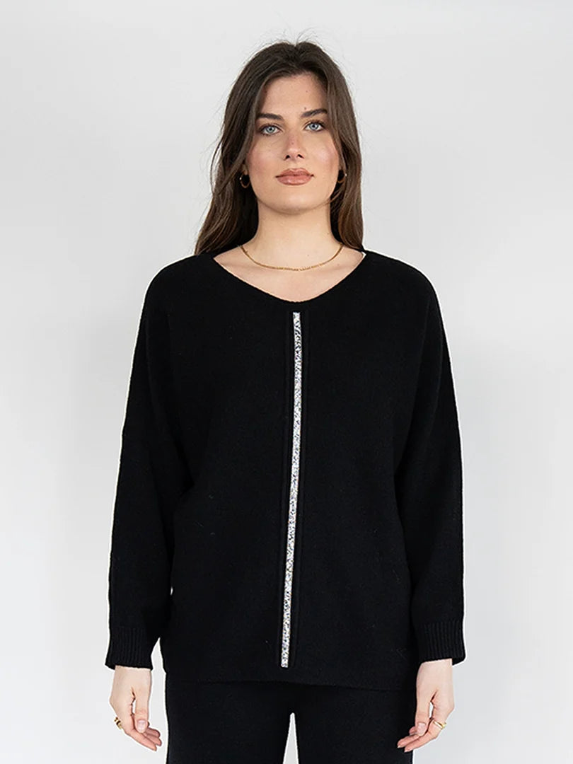 Black Relaxed Fit Sweater with Silver Sparkle Stripe