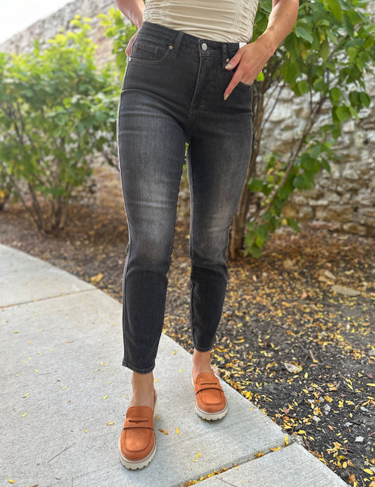 Judy Blue Mid Rise Washed Black Tummy Control Slim Jeans