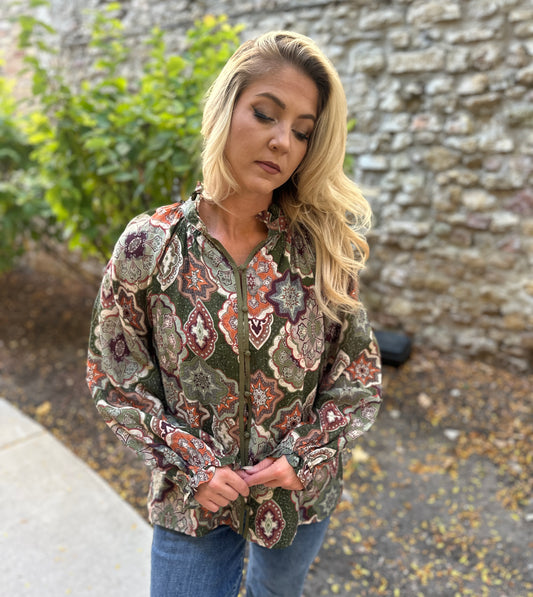 Boho Mosaic Button Down Blouse