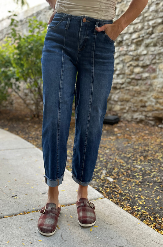 Risen Front Seam Detail High Rise Barrel Jeans