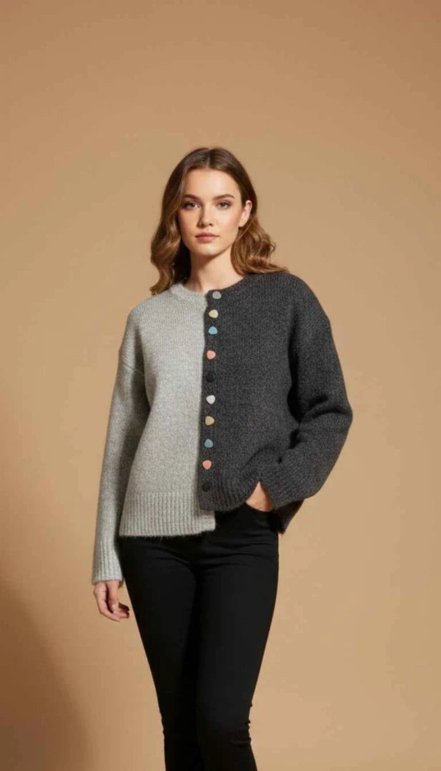 Two-Tone Gray Colorblock Cardigan with Multicolor Buttons