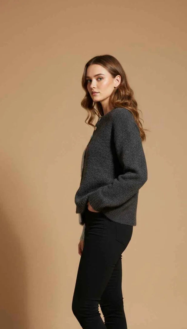 Two-Tone Gray Colorblock Cardigan with Multicolor Buttons