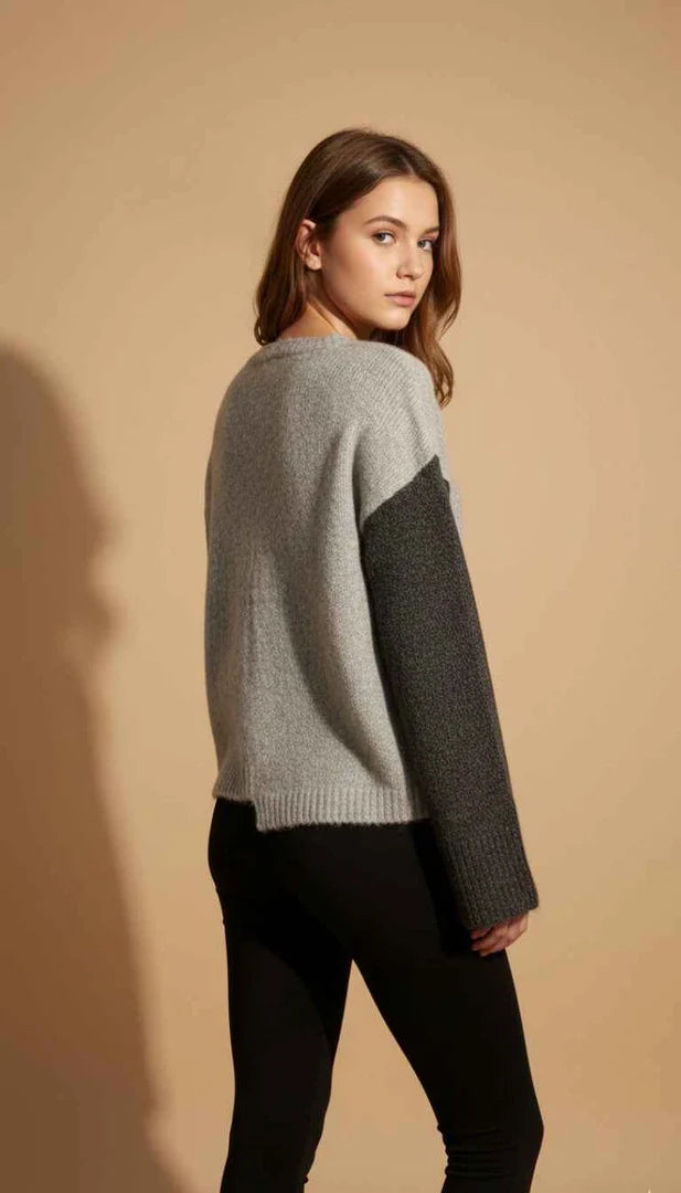 Two-Tone Gray Colorblock Cardigan with Multicolor Buttons