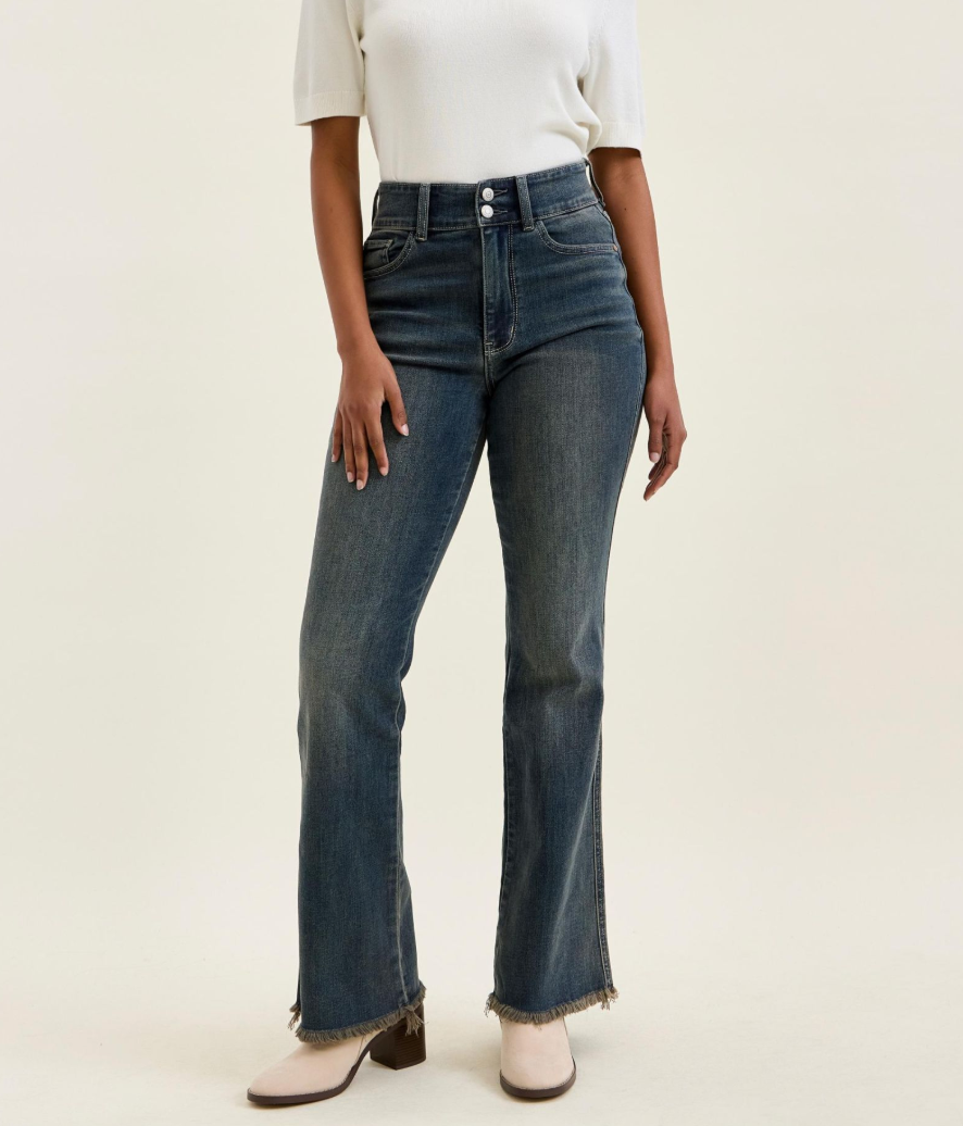 Judy Blue Daisy High Rise Bootcut Jeans – Vintage Grey Wash Double Button Denim with Frayed Hem