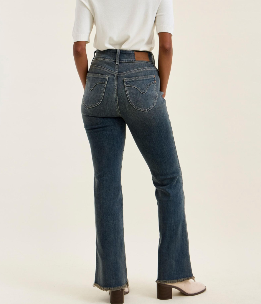 Judy Blue Daisy High Rise Bootcut Jeans – Vintage Grey Wash Double Button Denim with Frayed Hem