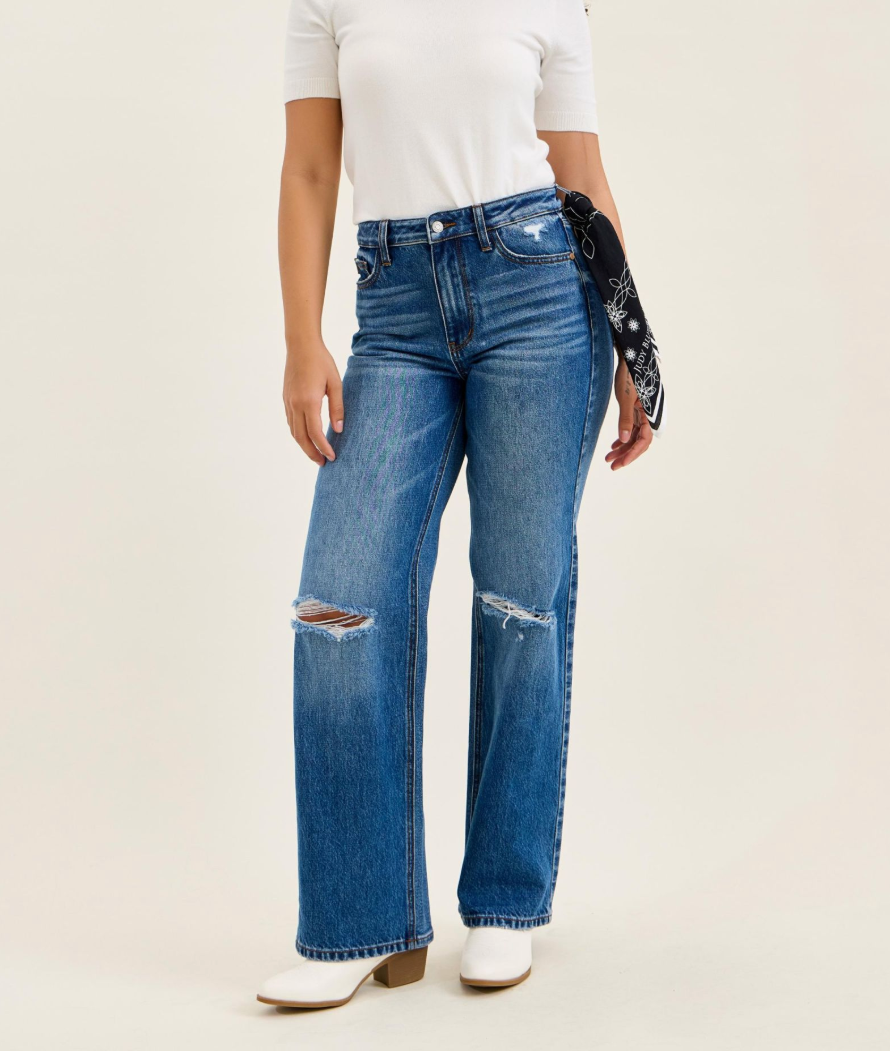 Judy Blue Brenda 90s Straight Leg Jeans – High Rise Rigid Magic Denim in Classic Stone Blue with Bandana