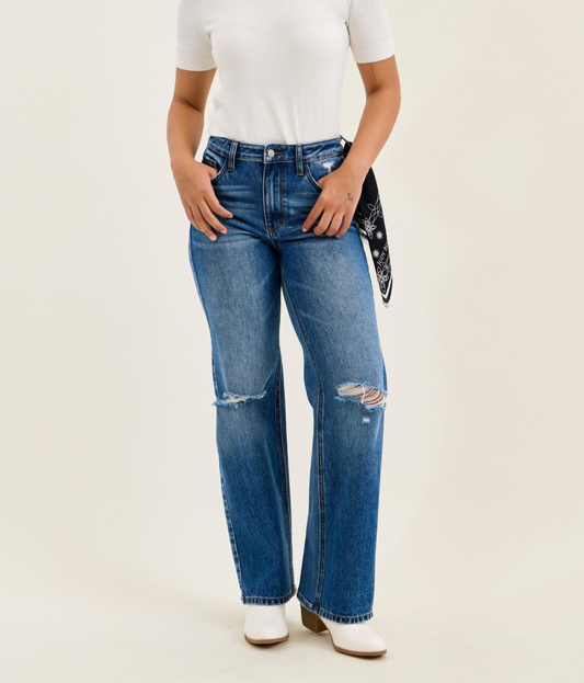 Judy Blue Brenda 90s Straight Leg Jeans – High Rise Rigid Magic Denim in Classic Stone Blue with Bandana