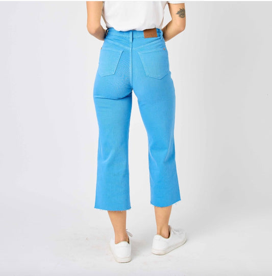 Judy Blue Sky Blue Dyed Tummy Control Wide Leg Crop Jeans