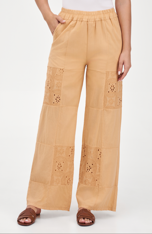 Boho Wide Leg Trousers with Eyelet Lace Panels | Elastic Waist Woven Pants