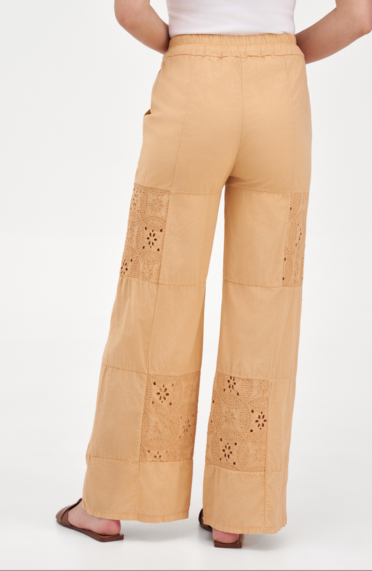 Boho Wide Leg Trousers with Eyelet Lace Panels | Elastic Waist Woven Pants