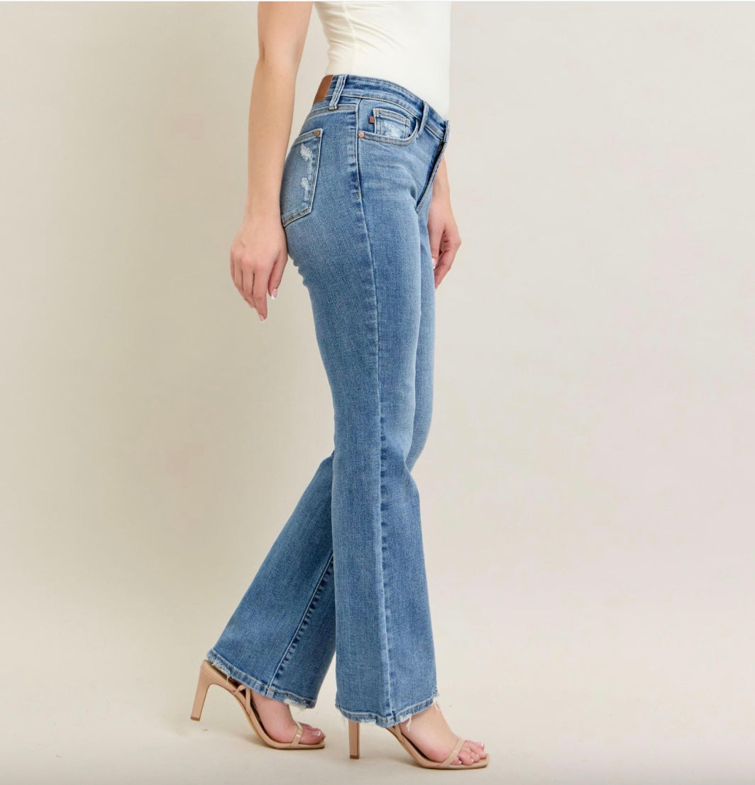Judy Blue Mid Vintage Wash Destroyed Hem Rise Bootcut Jeans