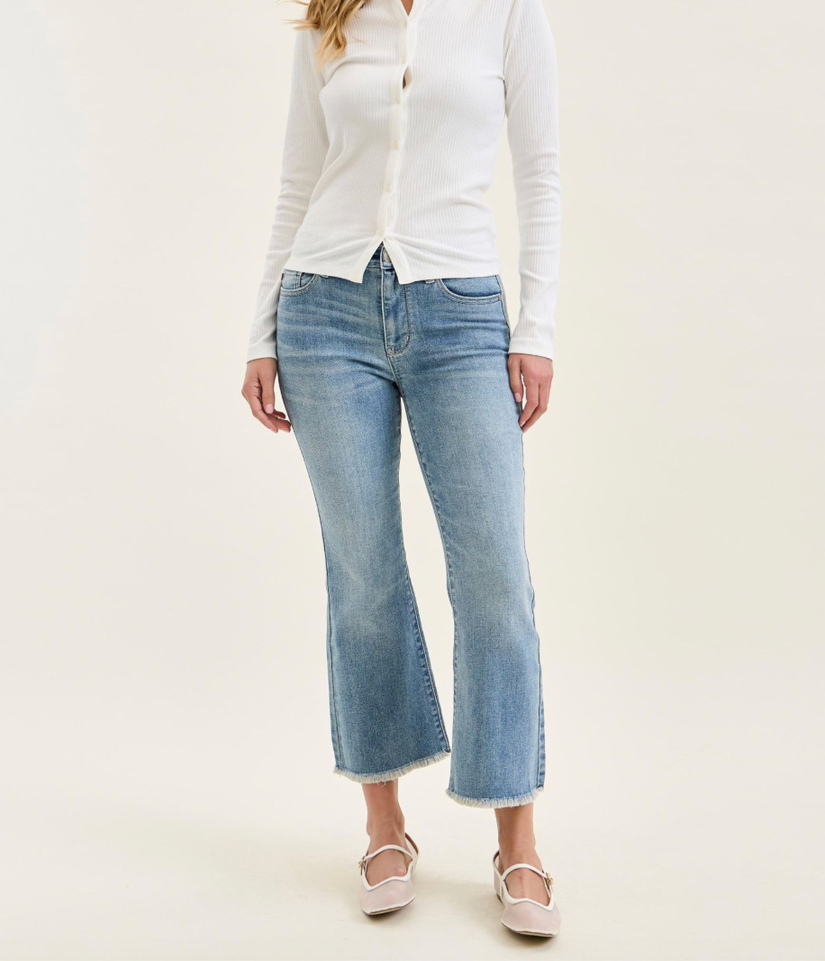 Judy Blue Mid Rise Light Wash Cropped Kick Flare Jeans with Frayed Hem