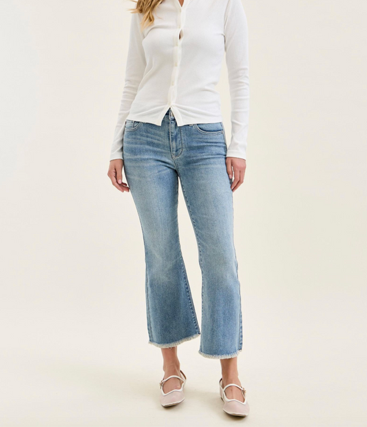 Judy Blue Mid Rise Light Wash Cropped Kick Flare Jeans with Frayed Hem