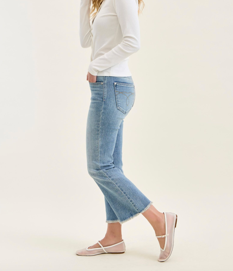 Judy Blue Mid Rise Light Wash Cropped Kick Flare Jeans with Frayed Hem