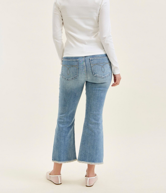 Judy Blue Mid Rise Light Wash Cropped Kick Flare Jeans with Frayed Hem