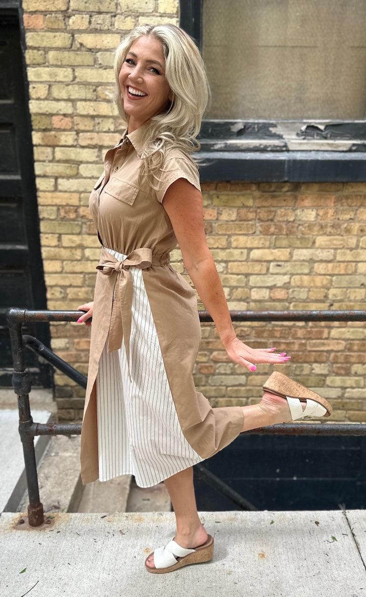 Mixed Media Button Down Tie Waist Dress