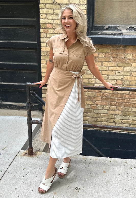 Mixed Media Button Down Tie Waist Dress