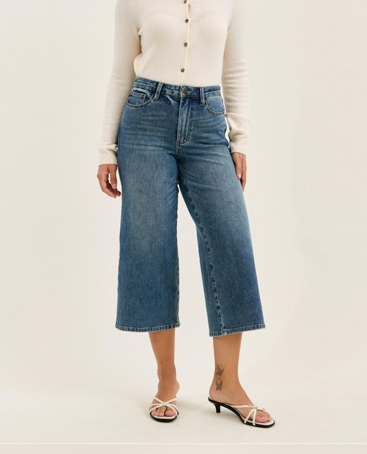 Judy Blue Dottie High Waist Wide Crop Jeans in MD Quarry Fade | Stretch Wide Leg Cropped Denim