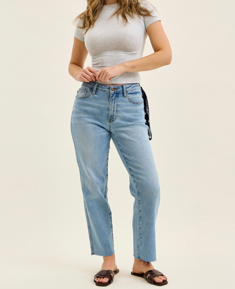 Judy Blue Mid Rise Straight Ankle Jeans with Bandana Loop Detail