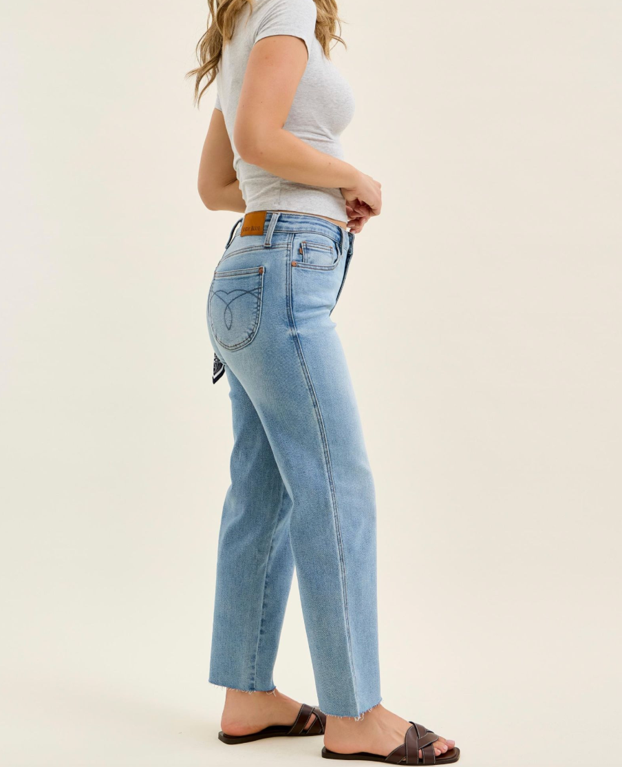 Judy Blue Mid Rise Straight Ankle Jeans with Bandana Loop Detail