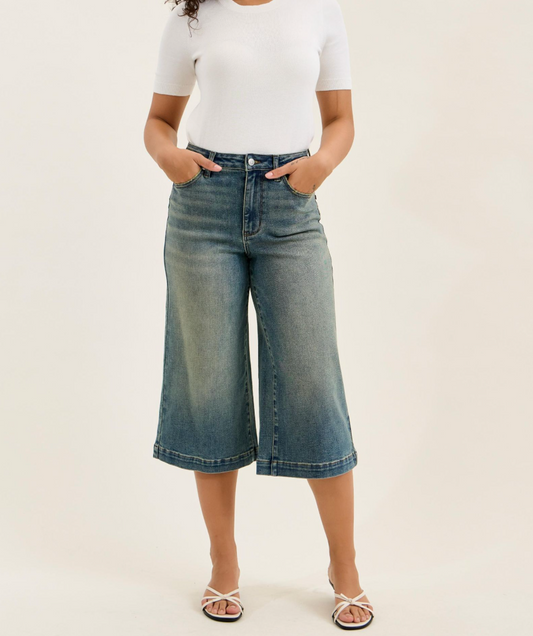 Judy Blue Marian High Waist Wide Leg Culotte Jeans | Vintage Indigo Crop Denim