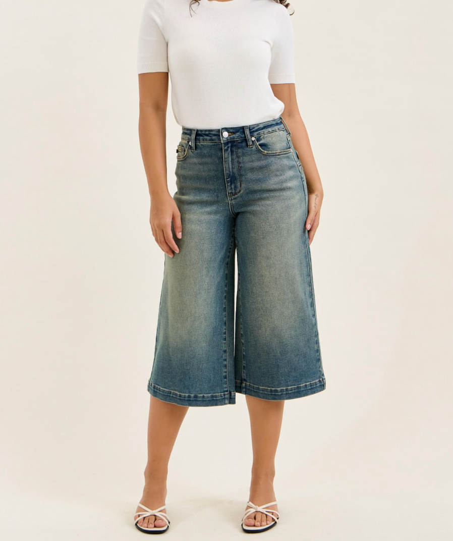 Judy Blue Marian High Waist Wide Leg Culotte Jeans | Vintage Indigo Crop Denim