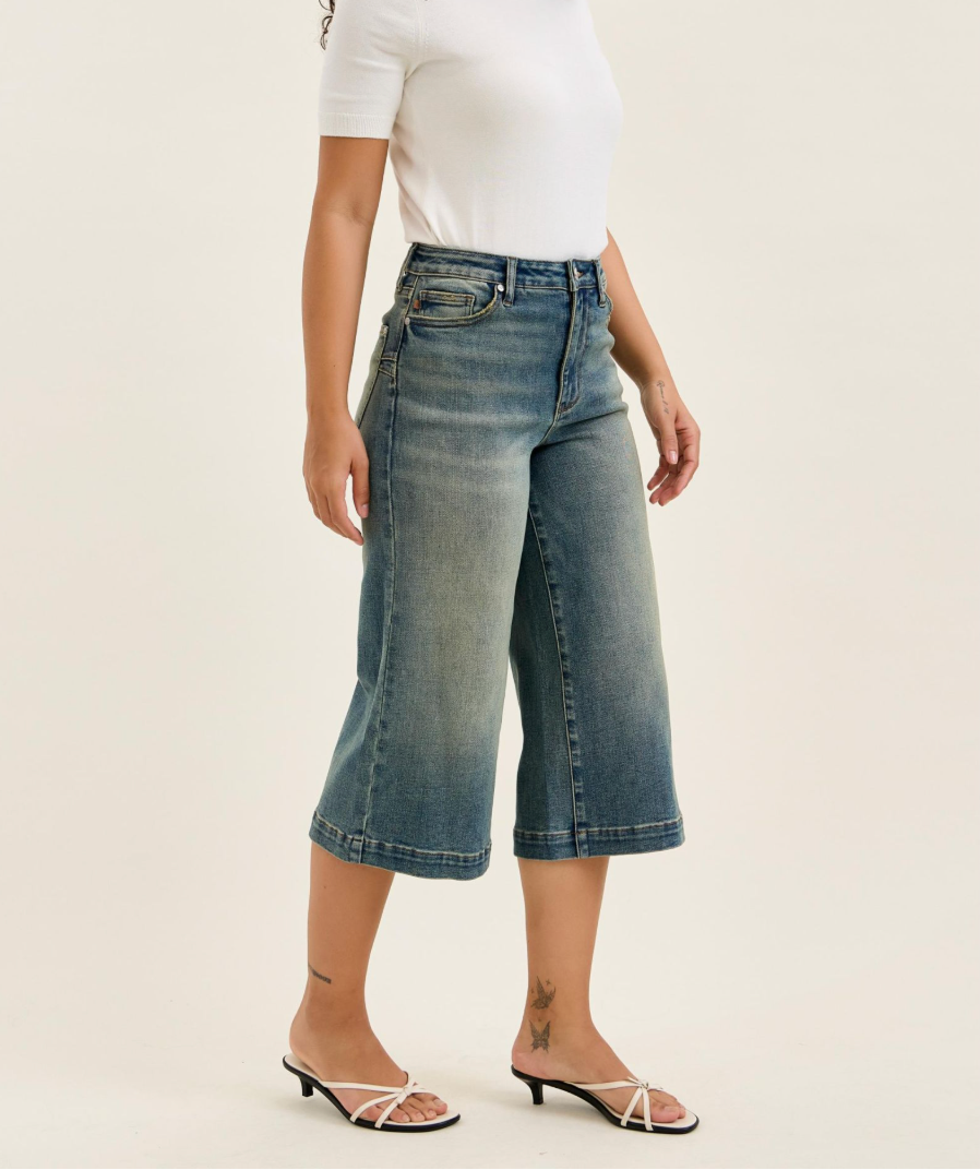 Judy Blue Marian High Waist Wide Leg Culotte Jeans | Vintage Indigo Crop Denim