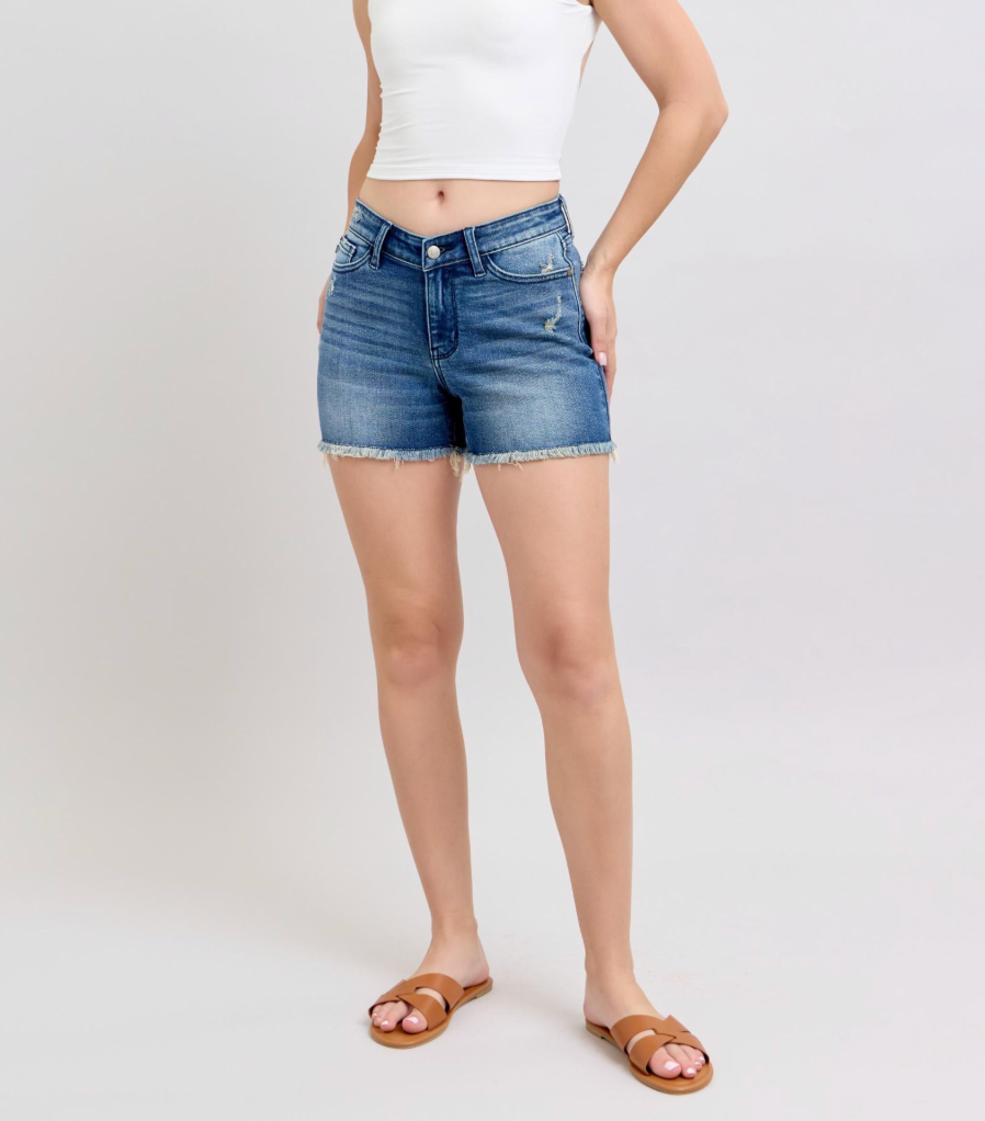 Judy Blue High Waist V-Front Shorts with Shield Pockets | Flattering Stretch Denim Shorts