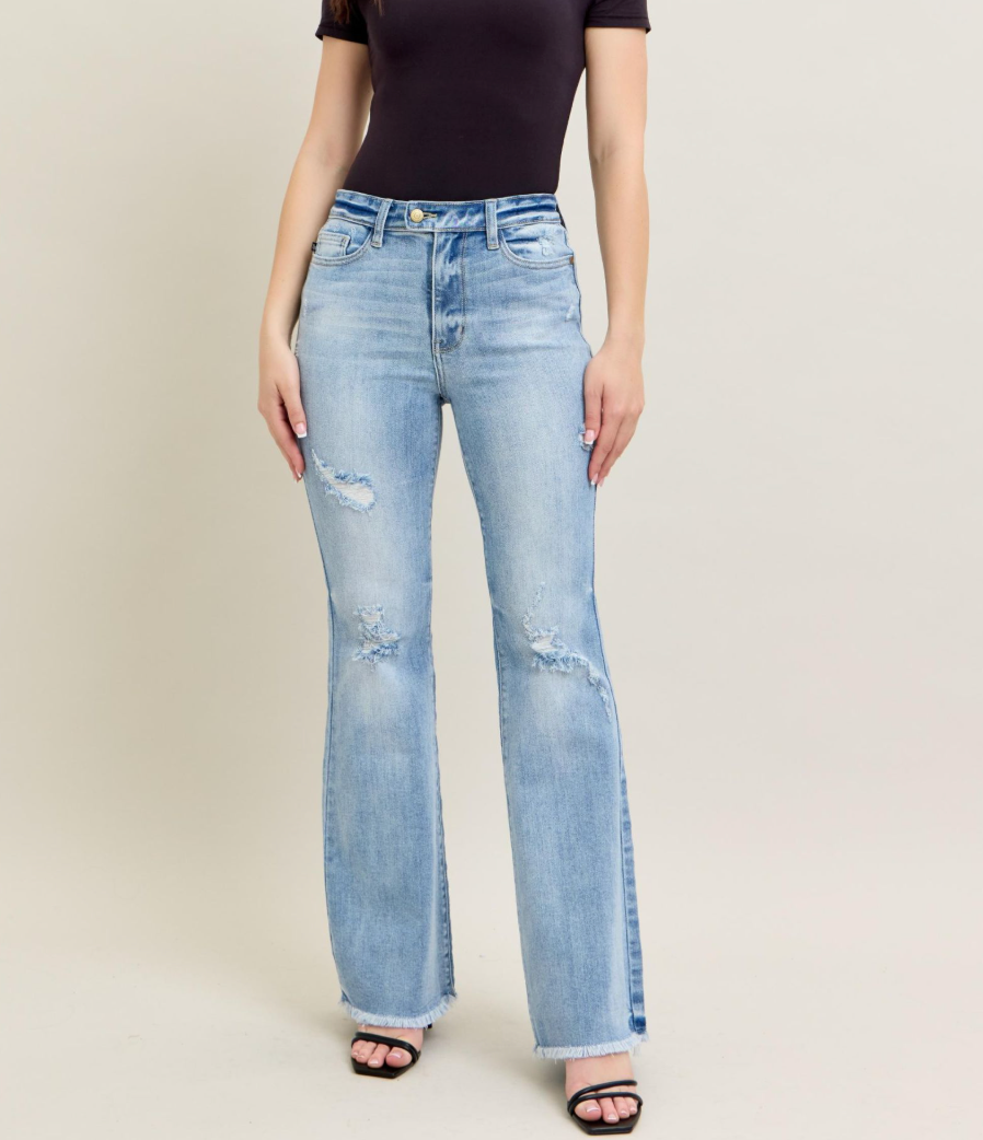 Judy Blue High Waist Light Wash Flare Jeans with Shield Pockets | Women's Stretch Denim