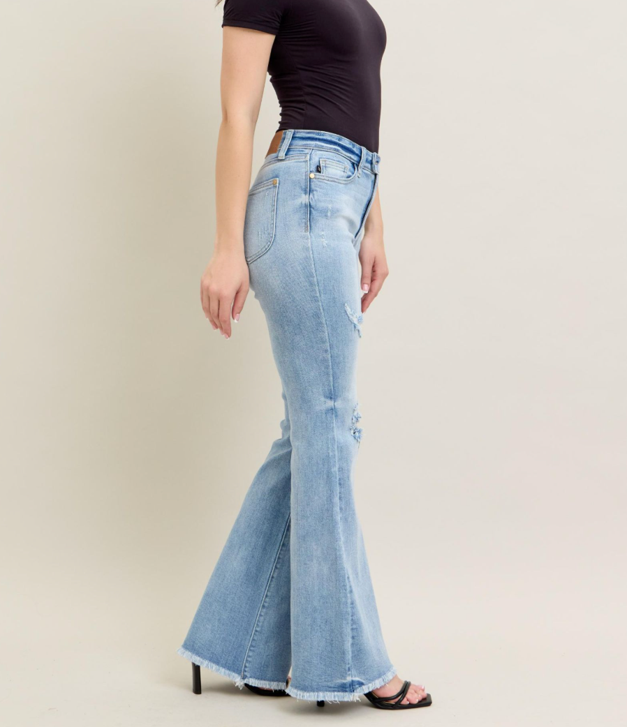 Judy Blue High Waist Light Wash Flare Jeans with Shield Pockets | Women's Stretch Denim