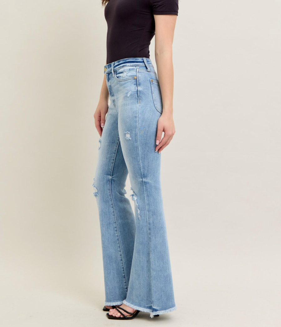 Judy Blue High Waist Light Wash Flare Jeans with Shield Pockets | Women's Stretch Denim