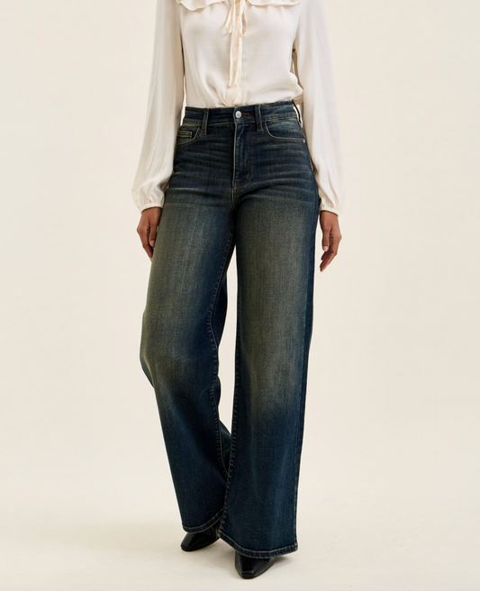 Judy Blue High Rise LUX Retro Wide Leg Jeans | Whiskey Night Wash | Adjustable Waist Tabs