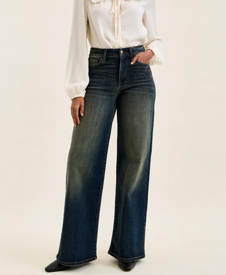 Judy Blue High Rise LUX Retro Wide Leg Jeans | Whiskey Night Wash | Adjustable Waist Tabs