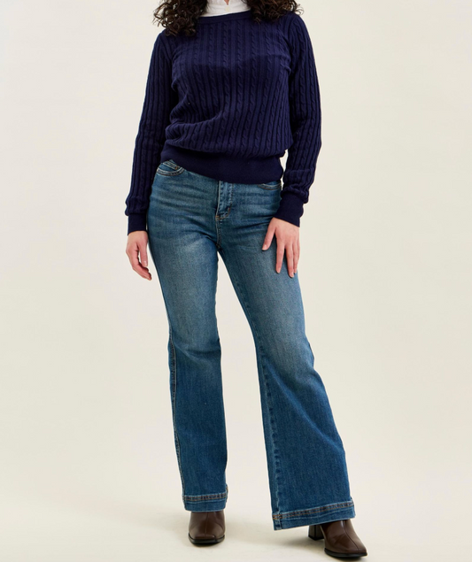 Judy Blue High Waist Petite Tummy Control Flare Jeans | Double Button Waistband