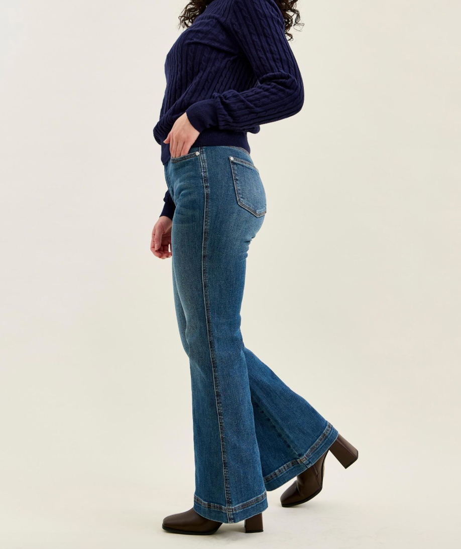 Judy Blue High Waist Petite Tummy Control Flare Jeans | Double Button Waistband